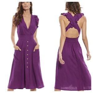 Happy X Nature Purple Linen Ruffle Button Down Midi Dress (SD1)
